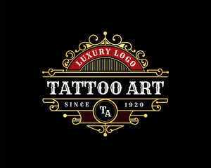 Vintage luxury ornamental logo with floral ornament. Suitable for whiskey, alcohol, beer, brewery, wine, barber shop, tattoo studio, salon, boutique, hotel, shop signage restaurant hotel 