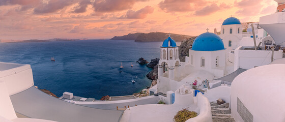 Panoramic summer destination. Traveling concept, sunset scenic famous landscape Santorini island,...