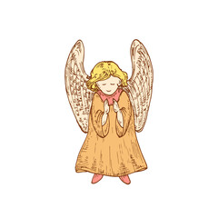 Hand Drawn Christmas Angel Child Vector Illustration. Abstract Sketch. Winter Holiday Engraving Style Drawing. Isolated