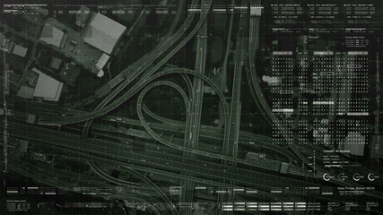 Futuristic HUD satellite view of traffic surveillance on a busy expressway junctions tracking and monitoring highway traffic for possible target vehicle
