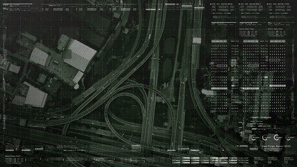 Futuristic HUD satellite view of traffic surveillance on a busy expressway junctions tracking and monitoring highway traffic for possible target vehicle