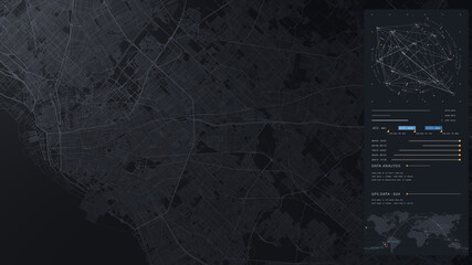 Futuristic HUD satellite view of traffic surveillance on a busy expressway junctions tracking and monitoring highway traffic for possible target vehicle