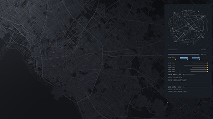 Futuristic HUD satellite view of traffic surveillance on a busy expressway junctions tracking and...