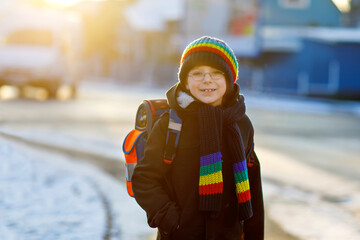 Little school kid boy of elementary class walking to school during snowfall. Happy healthy child...