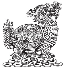 Dragon Turtle Tortoise sitting on a lot of coins. Mythological Chinese creature. Celestial Feng Shui animal. Side view. Black and white isolated vector illustration