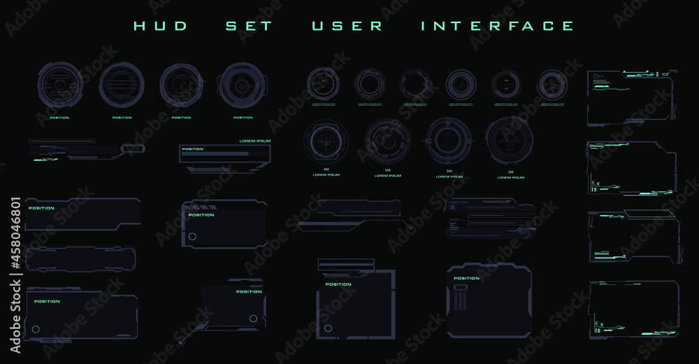 Poster set frames, target scopes and navigation elements for game interface. set futuristic hud frames and 