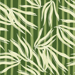 Abstract green seaweeds seamless pattern on stripe background.