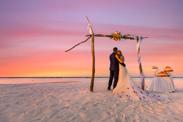 Bride and groom, newlyweds, honeymoon on the beach sunset sun under wedding arch with cake. Lovers...