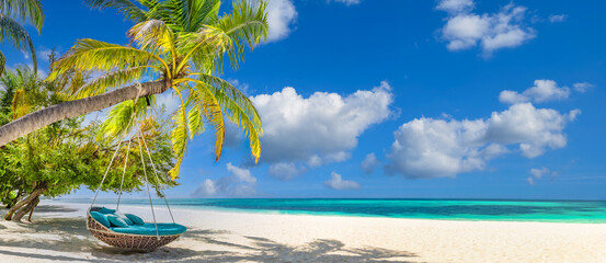 Idyllic tropical beach landscape panorama. Design of tourism for summer vacation holiday...