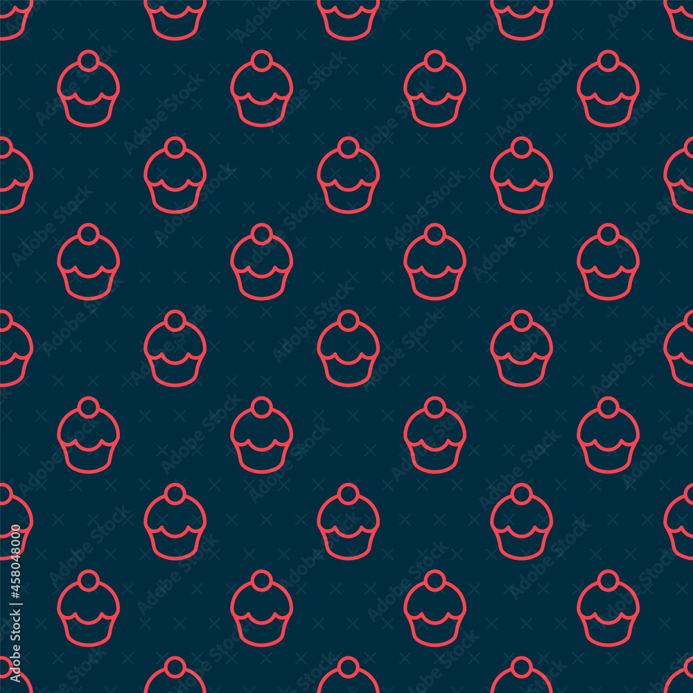 Poster red line muffin icon isolated seamless pattern on black background. vector