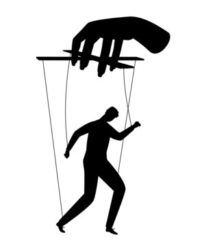 Businessman puppet. Human puppets control, puppeteer hands man marionette silhouette vector illustration, employee staff powers ropes concept, person doll on manipulator strings