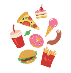 Lunch from fast food restaurant pizza hamburger soda and cake. Junk food illustrations set. Vector illustration isolated on white background.