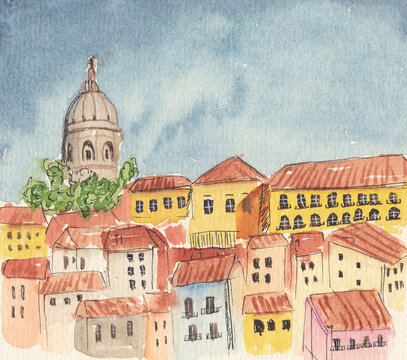 hand drawn watercolor sketch of city