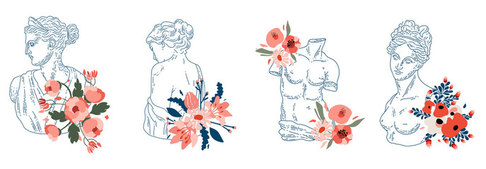 Vector greek sculptures on white background. Venus plaster sculpture. Set of vector elements for wedding invitation, design template, greeting card,pattern, textile, print © Natali Batu