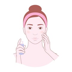 Young beautiful woman is using a cosmetic essence. Vector illustration isolated on white background