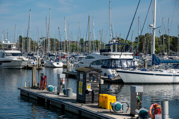 boats in the marina by the fuel jetty in Chichester West Sussex England