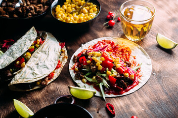 Tacos with meat and vegetables. Cooking tacos