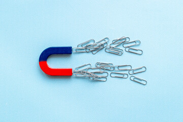 Magnet with paper clips. Office supplies top view