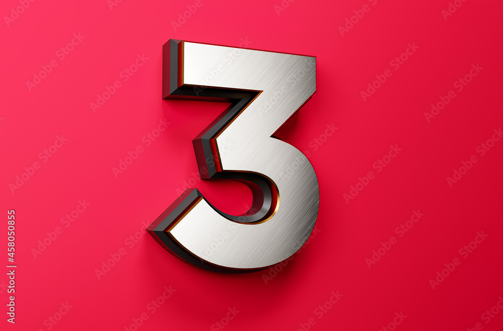 Poster 3 no digit white silver foil numbers black border set on a red background in 3d rendering count
