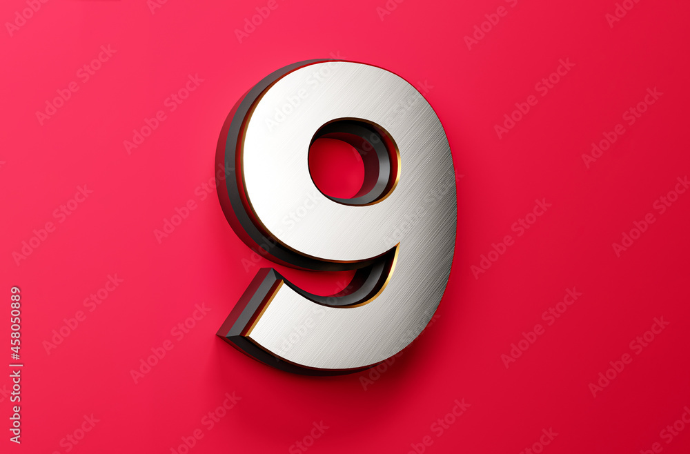 Poster 9 no digit white silver foil numbers black border set on a red background in 3d rendering count