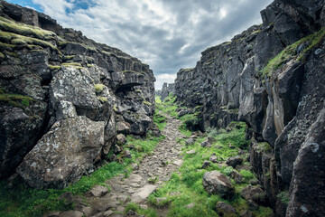 Trail in a canyon in Thingvellir National Park, Iceland