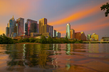 View of Austin, Texas in USA downtown skyline. Night sunset city.