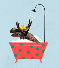 Cute green toy dinosar bathing in bath tub with soap foam. Modern design, contemporary art collage....