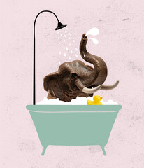 Cute gray toy elephant bathing in bath tub with soap foam. Modern design, contemporary art collage....