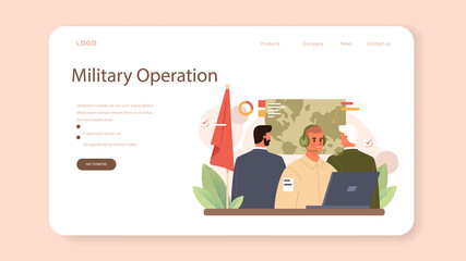Fototapeta premium Soldier web banner or landing page. Millitary force employee in camouflage