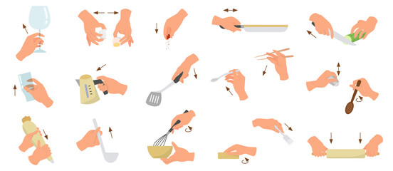Set of chef or cooker hands showing different gestures. Young caucasian