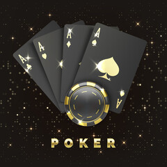 Four black poker cards with gold suit and casino chip. Quads or four of a kind by ace and gambling chip. Casino banner or poster in royal style. Vector