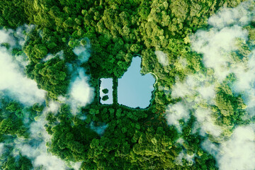 Thumbs up icon - like icon in the form of a clear pond in the middle of a lush virgin forest. 3d rendering.