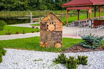 Eco-house for wild bees and other insects made of natural materials. Home Eco Hotel