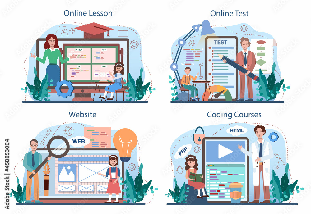 Poster it education online service or platform set. students learn programming