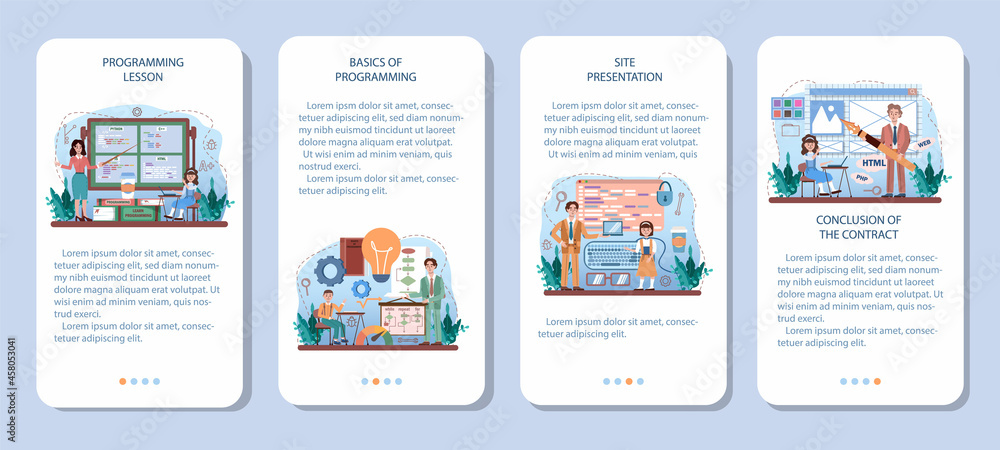 Aufkleber it education mobile application banner set. students learn programming