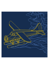 Editable Aerial Three-Quarter Oblique Front View Pontoon Floating Plane on a Wavy Lake Vector Illustration in Outline Style for Transportation or Recreation Related Design