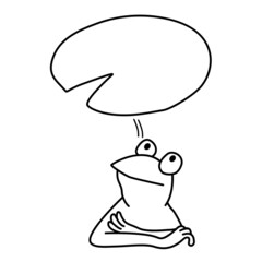 Hand drawn doodle illustration of thinking frog with speech bubble on a white background.
