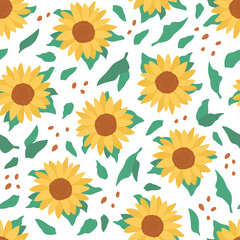 Vector seamless pattern with sunflower and green leaves. Botanical design conceptr for textile, print materials, sketchbook cover. Hand drawn doodle illustration with flowers
