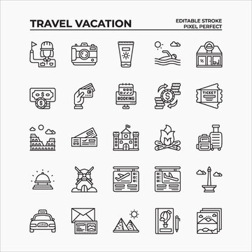 Icon Set of Travel Vacation. Outline black icons vector. Contains such of travel guide, historic sites, method payment and more. You can use for web, app, user interface and more. Editable Stroke.