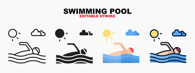 Swimming Pool icon set with different styles. Icons designed in filled, outline, flat, glyph and line colored. Editable stroke and pixel perfect. Can be used for web, mobile, ui and more.