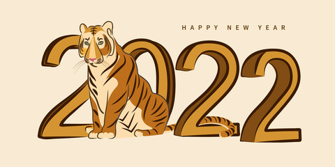 2022. Happy New Year Chinese. Background for greeting card with sitting tiger.
