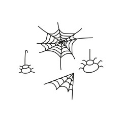 doodle outline element for Halloween. spiders and spider web. isolated vector illustration on white background