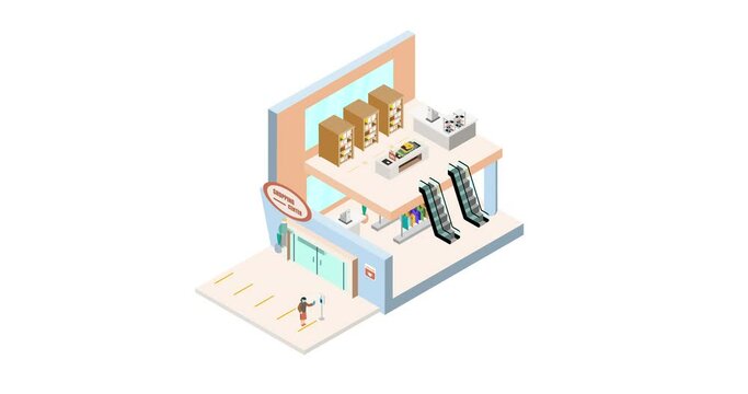 New Normal Life Style In Shopping Mall, Wearing Mask And Social Distancing. Isometric Detailing View Point. Animation.