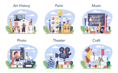 Art school subject or educational class set. Student studying art directions