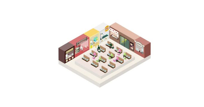 New normal life style in Take away delivery area, wearing mask and social distancing. Isometric detailing view point. Animation.