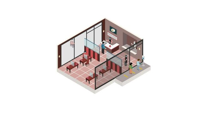 New normal life style in restuarant, wearing mask and social distancing. Isometric detailing view point. Animation.