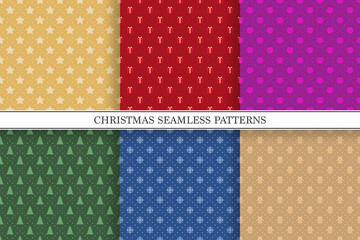 Collection of christmas seamless colorful patterns. Bright holiday backgrounds with xmas elements. Trendy repeatable celebration prints