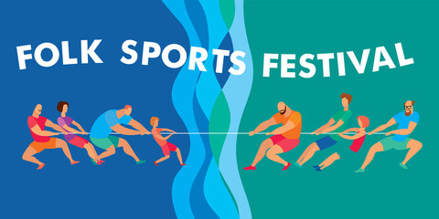 Folk Sports Festival. Teams of different men, adults, children pull the rope in different directions. Vector graphics © Евгений Казанцев