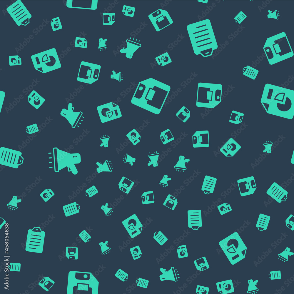 Poster set floppy disk, to do list or planning, megaphone and document with graph chart on seamless pattern
