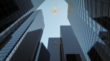 3D rendering glass buildings with air plane on blue sky background.